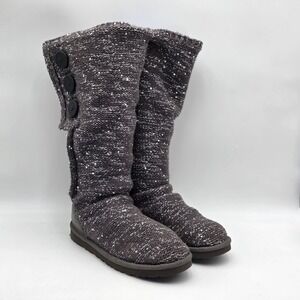 UGG Classic Cardy Knit Tall Gray Silver Sequin Lined Sweater Boots Women's 8